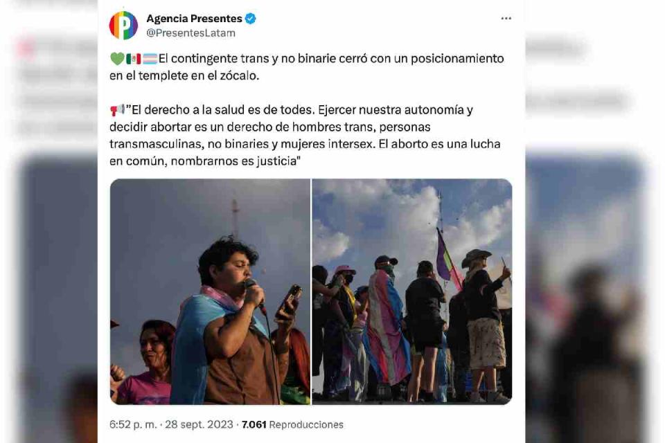 Foto de un tuit de la Agencia Presentes sobre el Día de Acción Global por el Aborto Seguro, Legal y Gratuito, 28S, en el Zócalo.