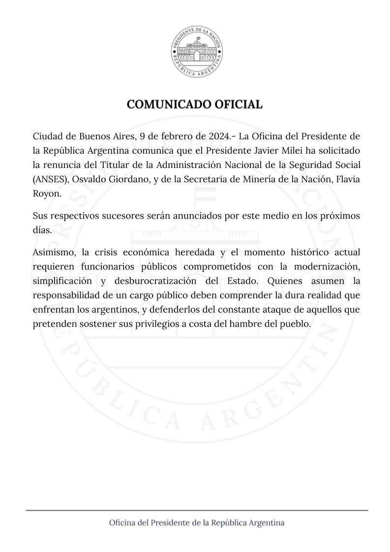 El comunicado oficial del Gobierno anunciando la salida de Flavia Royón (Minería) y Osvaldo Giordano (Anses)