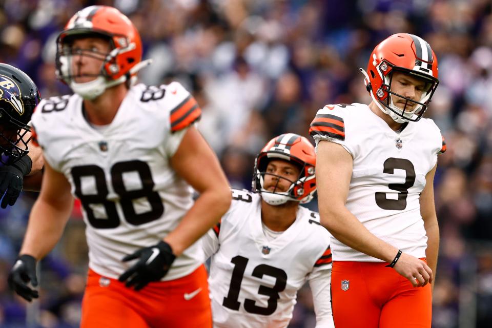 Cleveland Browns place kicker Cade York (3) reacts along with Harrison Bryant (88) and Corey Bojorquez (13) after his field goal was blocked late in the fourth quarter of an NFL football game against the Baltimore Ravens, Sunday, Oct. 23, 2022, in Baltimore. The Ravens defeated the Browns 23-20. (AP Photo/Rich Schultz)