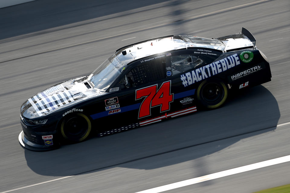 TALLADEGA, ALABAMA - JUNE 20: Mike Harmon, driver of the #74 Back The Blue Chevrolet, drives during the NASCAR Xfinity Series Unhinged 300 at Talladega Superspeedway on June 20, 2020 in Talladega, Alabama. (Photo by Chris Graythen/Getty Images)