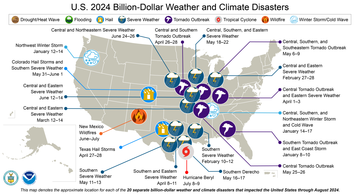 This map shows the confirmed billion-dollar weather and climate disaster events that have already occurred in the U.S. in 2024.  / Credit: NOAA National Centers for Environmental Information