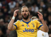 <p>Soccer Football – Champions League Quarter Final Second Leg – Real Madrid vs Juventus – Santiago Bernabeu, Madrid, Spain – April 11, 2018 Juventus’ Gonzalo Higuain reacts REUTERS/Susana Vera </p>