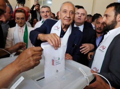 FILE PHOTO:Lebanese Parliament Speaker and candidate for parliamentary election Nabih Berri casts his vote at a polling station during the parliamentary election in Tibnin, Lebanon May 6, 2018. REUTERS/Aziz Taher/File Photo