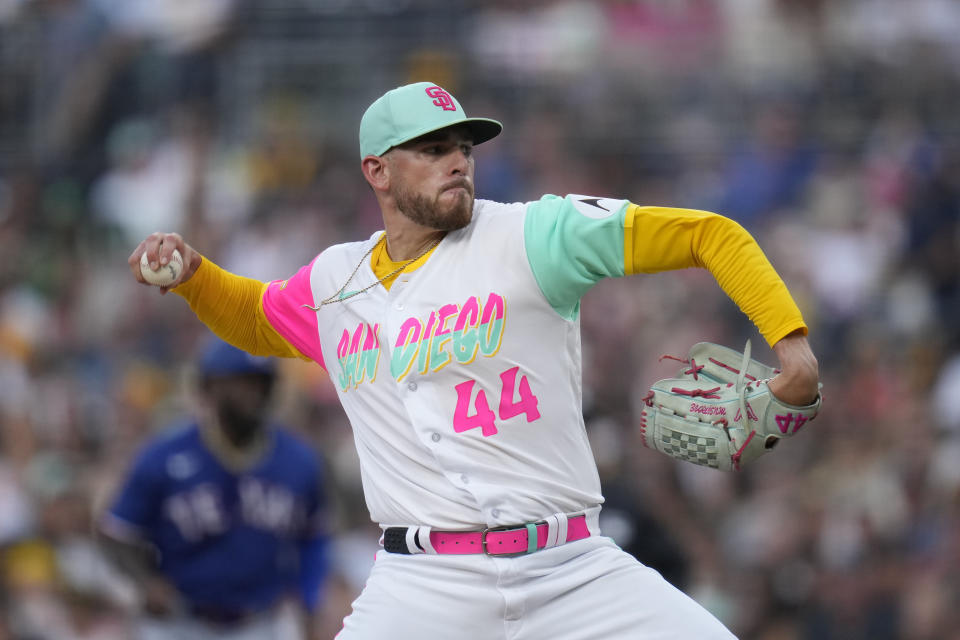 San Diego Padres starting pitcher Joe Musgrove works against a Texas Rangers batter during the second inning of a baseball game Friday, July 28, 2023, in San Diego. (AP Photo/Gregory Bull)