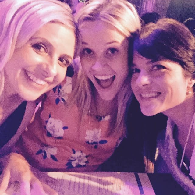 Reese Witherspoon, Selma Blair and Sarah Michelle Gellar, who played the three fatally dysfunctional main characters in the hit 1999 teen melodrama <em>Cruel Intentions</em>, were all smiles when they reunited in Los Angeles on Thursday. One fan even caught Blair and Gellar recreating their movie kiss at the event. Witherspoon snapped a pic of the smiling trio for Instagram, writing: "Best girls night of the year!!! #cruelintentions." The former co-stars met up to take in a performance of <em>Cruel Intentions the Musical</em>, a "completely unauthorized" parody featuring hits from the '90s and staged at LA's Rockwell Table + Stage, where they've done similar takes on <em>Pretty in Pink</em> and even <em>Pulp Fiction</em>. <strong>PHOTOS: The Very Best TV, Movie and Music Reunions! </strong> Witherspoon also posted a photo from inside the performance, writing, "Sebastian and Kathryn reunite! #cruelintentionsmusical #90sflashback." Meanwhile, Gellar was commemorating the day with pictures as well. She snapped an equally adorable group pic from inside the theater. And the trio weren't content with just watching! Blair, Witherspoon and Gellar were both seen getting super into the show, and singing along to the musical. Geller also posted a #TBT pic of her and <em>Cruel Intentions</em> writer/director Roger Kumble, wishing the filmmaker a happy birthday. Blair also wished Kumble a happy birthday with a throwback pic, captioning: "#tbt To the day of #secretsociety dance on set of #cruelintentions. And a very happy birthday to the man who made that movie, one of my favorite people." The only other main player from the '90s hit that didn't make it out was <em>Secrets and Lies</em> star Ryan Phillippe. However, he did make it out to a staging of <em>Cruel Intentions the Musical</em> back in April, where he even showed off a sweet souvenir on Instagram. This was also the second time watching the musical for Gellar, who attended a different show in April alongside her <em>Cruel Intentions</em> co-star Sean Patrick Thomas. Gellar posted a video the next day with some of highlights from the production. <strong>WATCH: Sarah Michelle Gellar on Resurrecting <em>Buffy -- </em>Expectation Level Would Be ‘Difficult’ to Top </strong> Gellar has been on a roll celebrating projects from her past over these few weeks. Recently, the actress addressed the possibility of resurrecting her iconic vampire hunting valley girl character from <em>Buffy the Vampire Slayer.</em>