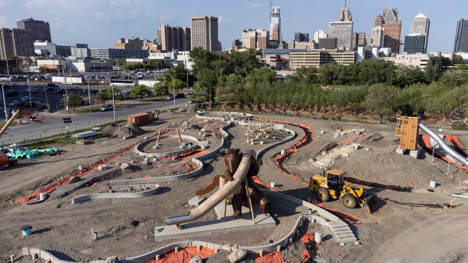 An aerial view of the Ralph C. Wilson Jr. Centennial Park development in Detroit on Tuesday, May 21, 2024. The 20-foot bear slide can be seen near front center.