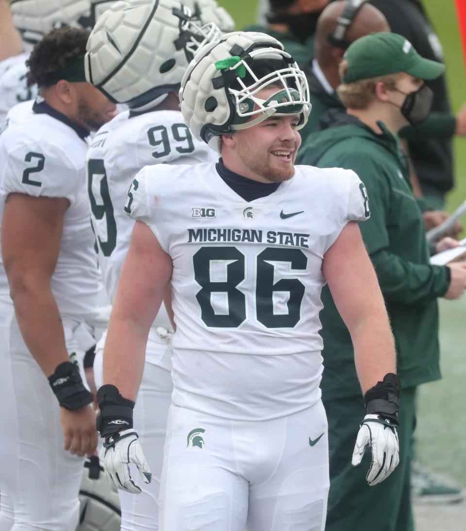 MSU defensive end Drew Beesley on the sidelines during the Spring Game Saturday, April 24, 2021 at Spartan Stadium in East Lansing.