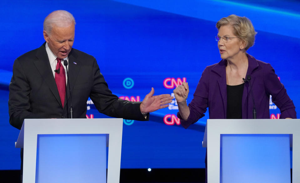 Democratic presidential candidate Senator Elizabeth Warren speaks as former Vice President Joe Biden debate during the fourth U.S. Democratic presidential candidates 2020 election debate in Westerville, Ohio, U.S., October 15, 2019. REUTERS/Shannon Stapleton