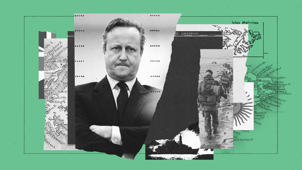  Photo composite of David Cameron, maps of the Falkland Islands and scenes from the 1982 Falklands War. 