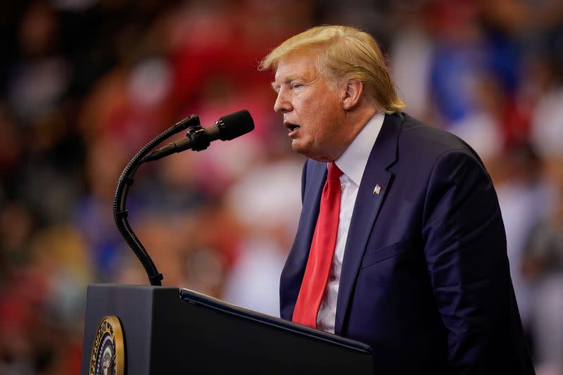 U.S. President Donald Trump speaks, while calling former Vice President Joe Biden “sleepy Joe” during a campaign rally in Cincinnati