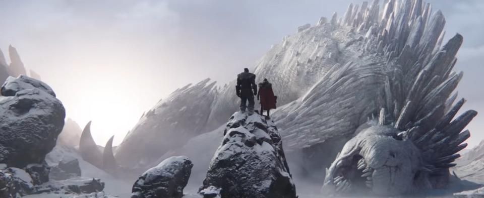 Thor and Korg looking out at the dead body of Falligar the Behemoth in "Thor: Love and Thunder"