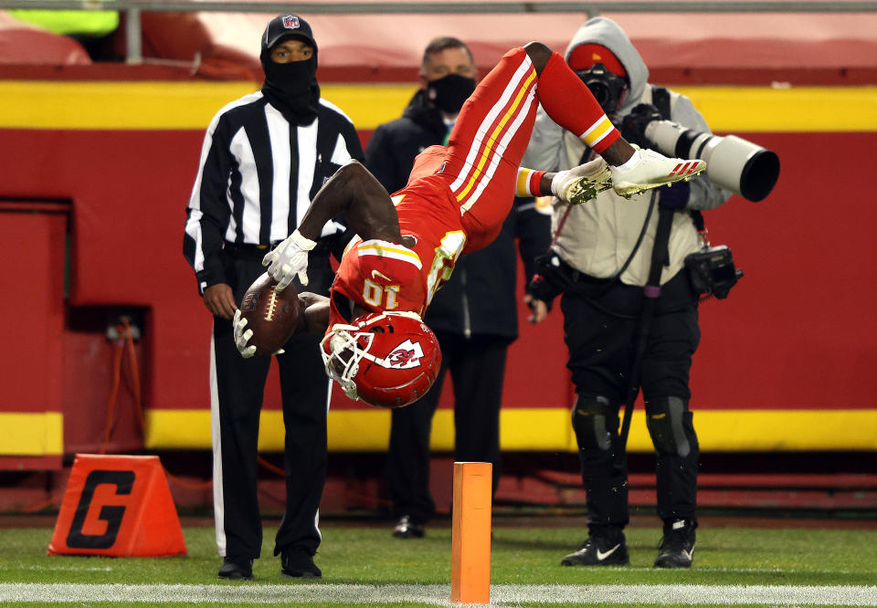 Tyreek Hill backflips over the goal line on a play that was called back due to a holding penalty.