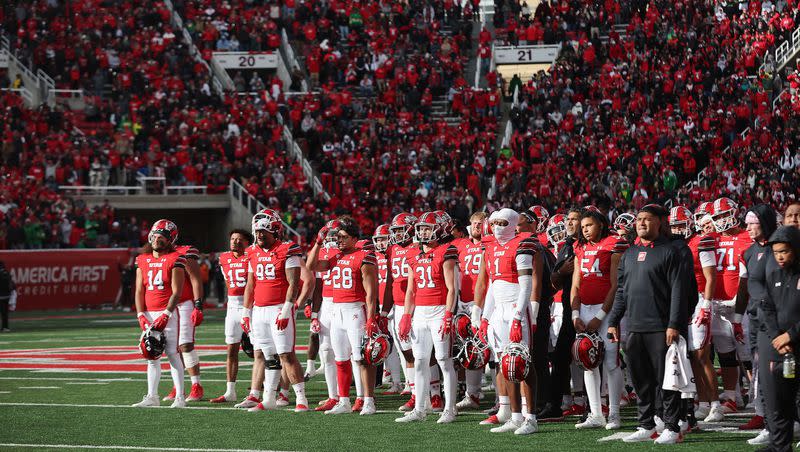 Utes honor Ty Jordan and Aaron Lowe in Salt Lake City on Saturday, Oct. 28, 2023. Oregon won 35-6.