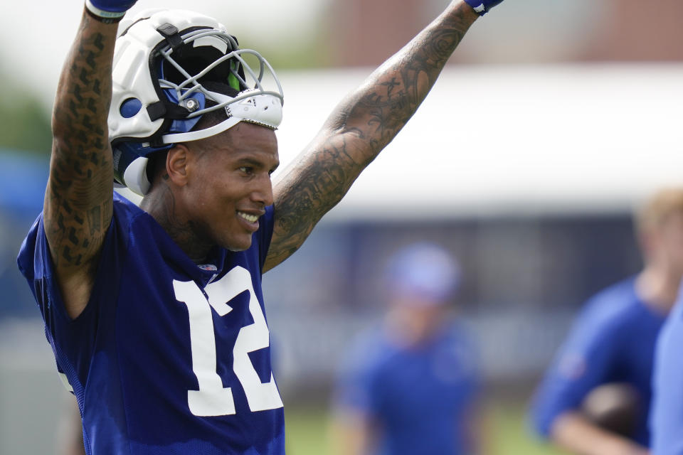 New York Giants' Darren Waller reacts during a practice at the NFL football team's training facility in East Rutherford, N.J., Thursday, July 27, 2023. (AP Photo/Seth Wenig)