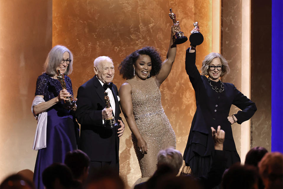 Honorees Carol Littleton, Mel Brooks, Angela Bassett and Michelle Satter pose onstage during the Academy Of Motion Picture Arts & Sciences' 14th Annual Governors Awards at The Ray Dolby Ballroom on January 09, 2024 in Hollywood, California.