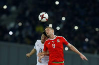 Soccer Football - 2018 World Cup Qualifications - Europe - Georgia vs Wales - Boris Paichadze Dinamo Arena, Tbilisi, Georgia - October 6, 2017 Wales' Andy King in action with Georgia’s Valeri Qazaishvili REUTERS/David Mdzinarishvili