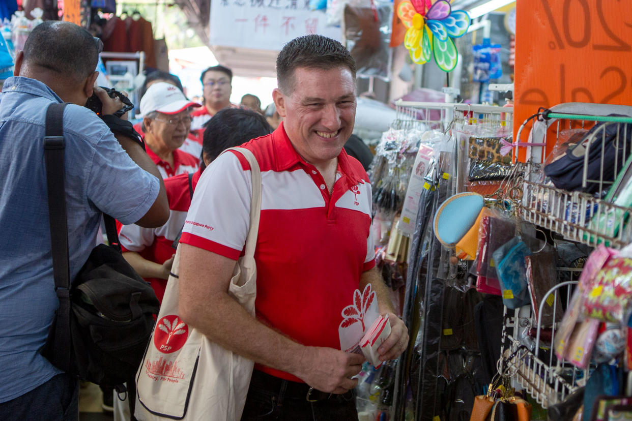 Brad Bowyer, a member of the PSP, seen at Ghim Moh on Sunday (29 September). (PHOTO: Dhany Osman / Yahoo News Singapore)