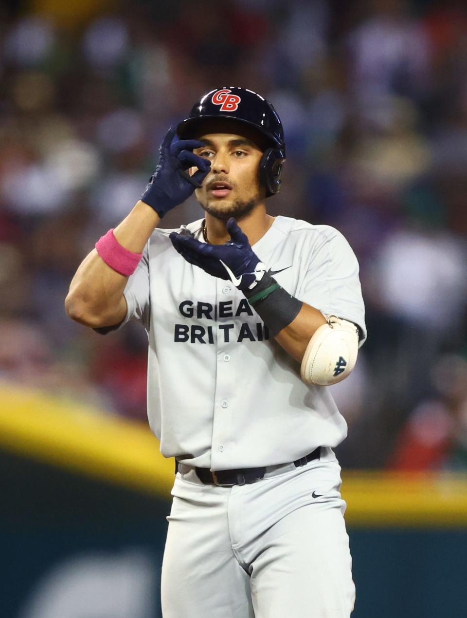 Great Britain catcher Harry Ford celebrates after hitting a double in the second inning against Mexico during the World Baseball Classic at Chase Field in Phoenix on March 14, 2023.