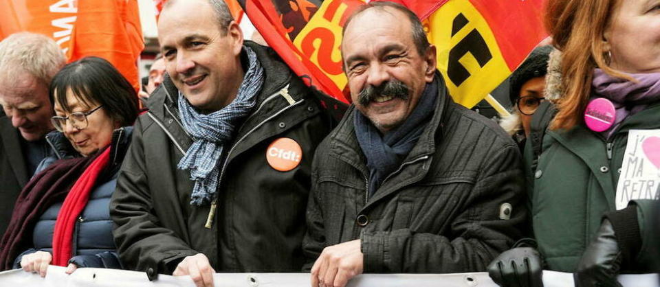 Laurent Berger, secrétaire général de la CFDT, et Philippe Martinez, secrétaire général de la CGT, lors d'un rassemblement contre la réforme des retraites, à Paris, le 19 janvier 2023.   - Credit:Jaak Moineau/Hans Lucas via AFP