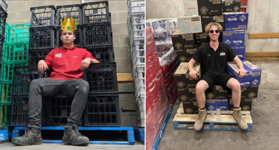 A Coles worker with a crown emoji on black crates made into a throne pictured on the left. On the right is another employee sitting on boxes fashioned into a throne.