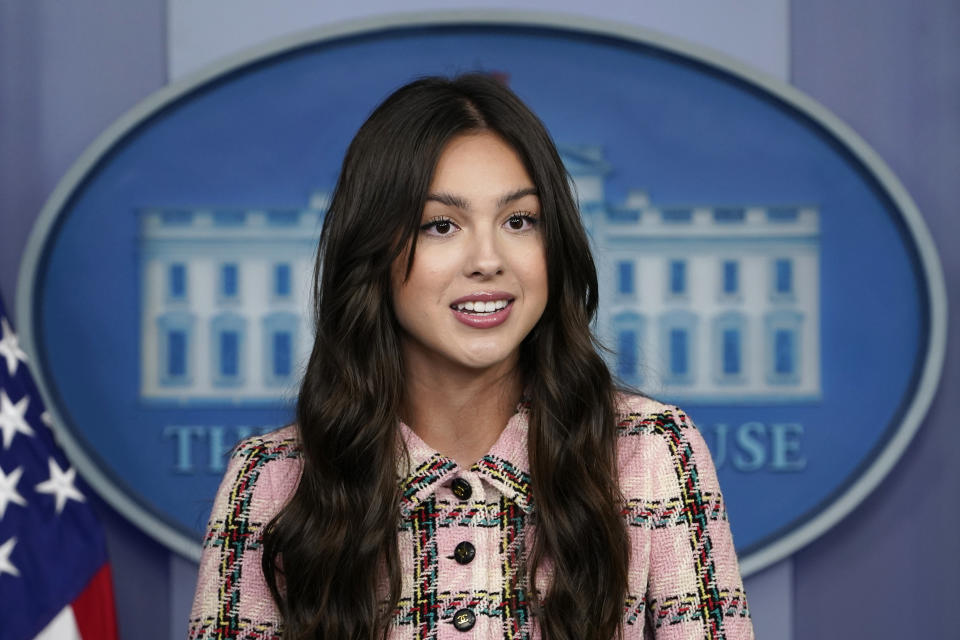 Teen pop star Olivia Rodrigo speaks at the beginning of the daily briefing at the White House in Washington, Wednesday, July 14, 2021. Rodrigo is at the White House to film a video to promote vaccines. (AP Photo/Susan Walsh)