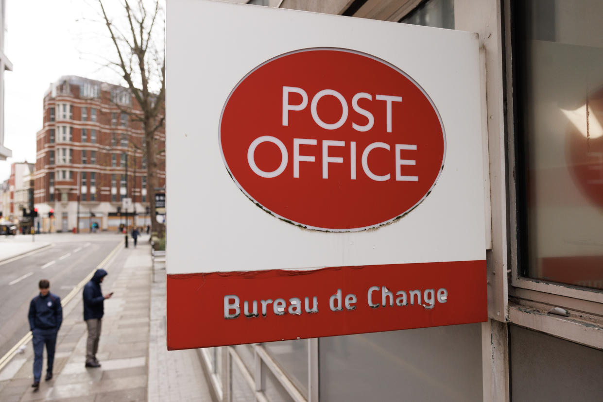 LONDON, ENGLAND - JANUARY 08: A general view of a Post Office sign in Westminster on January 08, 2024 in London, England. Between 1999 and 2015, more than 700 Post Office branch managers received criminal convictions, and some were sent to prison, when a faulty computer system called Horizon made it appear that money was missing from their sites. To date, 93 of these convictions have been overturned, leaving many others still fighting their convictions or to receive compensation. A recent television docudrama has thrust the issue back in the spotlight. (Photo by Dan Kitwood/Getty Images)