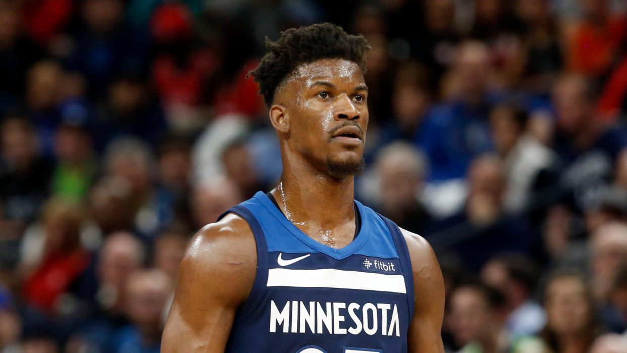 Jimmy Butler reportedly practiced with the Timberwolves on Wednesday, and he didn’t seem all that happy about it. (AP Photo/Jim Mone)