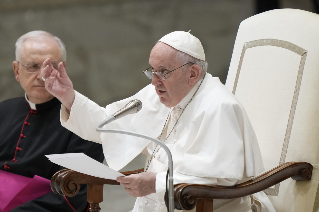 Pope Francis delivers his message during the weekly general audience at the Vatican, Wednesday, Aug. 10, 2022. (AP Photo/Andrew Medichini)