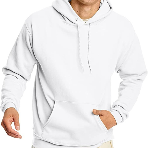 man in a white hoodie with hand in pocket of hoodie