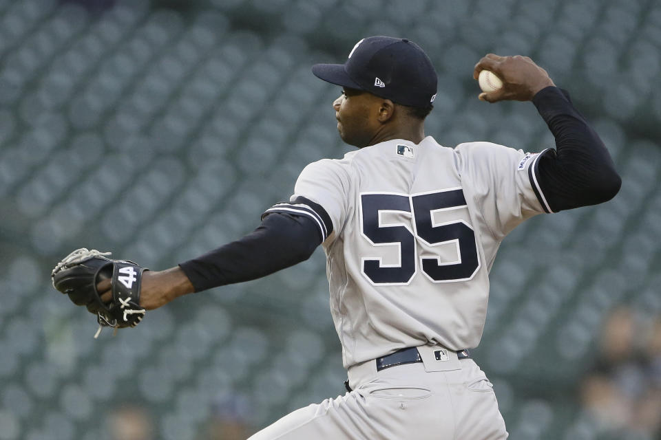 New York Yankees' Domingo German (55) pitches against the Detroit Tigers during the fifth inning of the second game of a baseball doubleheader, Thursday, Sept. 12, 2019, in Detroit. (AP Photo/Duane Burleson)