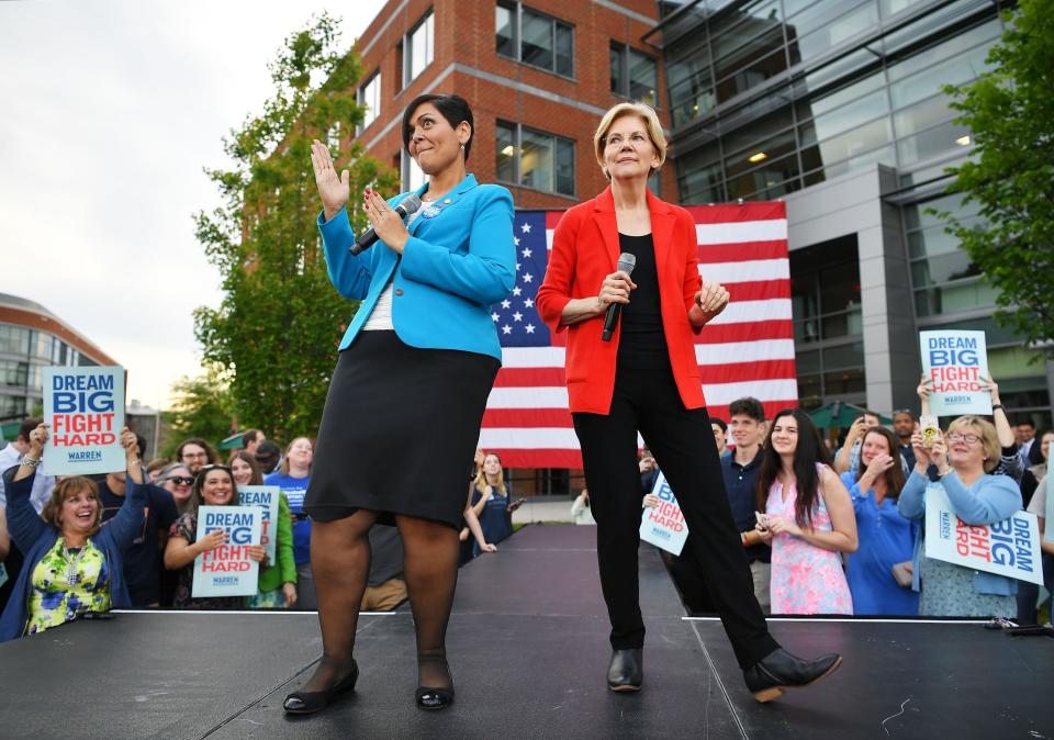 Presidential candidate Elizabeth Warren shares the stage with Virginia Del. Hala Ayala at George Mason University in May. In 2017, Ayala ousted Republican incumbent Rich Anderson. The two have a rematch in 2019. (Photo: MANDEL NGAN via Getty Images)