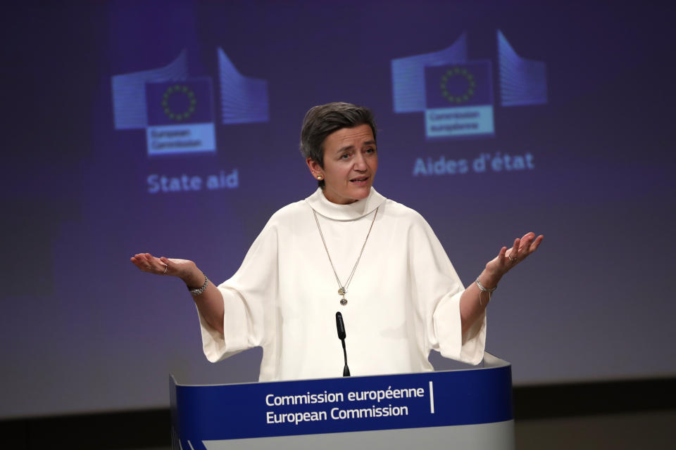 European Commissioner for Europe fit for the Digital Age Margrethe Vestager speaks during a news conference on European project in battery value chain at the European Commission headquarters in Brussels,Tuesday, Jan. 26. 2021. The European Union has approved €2.9 billion (US3.53 billion) in subsidies from 12 member countries for a second pan-European project to develop the bloc's electric battery industry and move away from its reliance on Asian imports. (AP Photo/Francisco Seco, Pool)