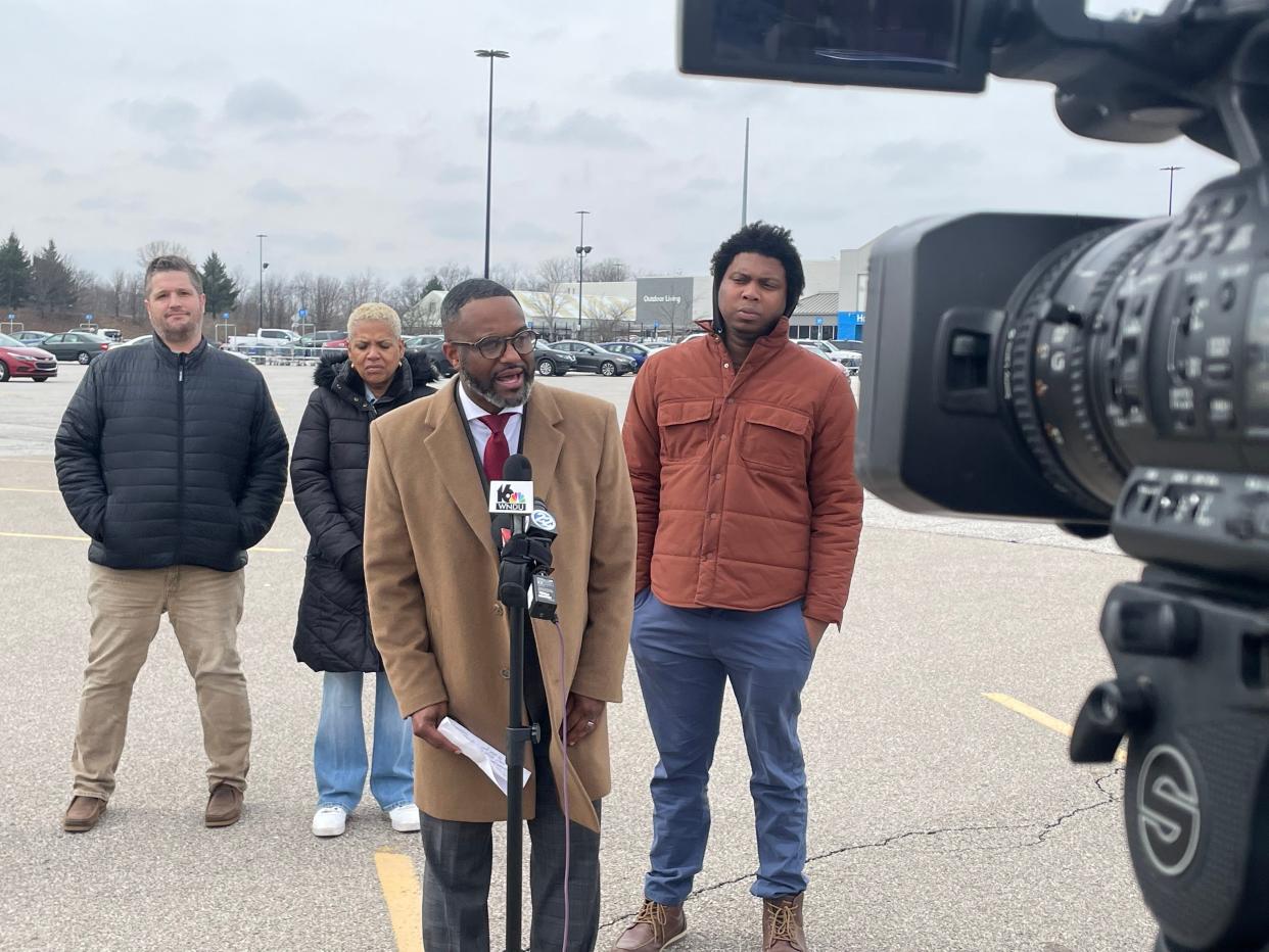 Henry Davis Jr., a Democratic candidate for mayor and 2nd District city councilor, organized a press conference Friday outside the Walmart on Portage Avenue. He was joined by City Clerk Dawn Jones, center, and South Bend Common Council candidates Nick Hamann, left, and Jorden Giger, right.