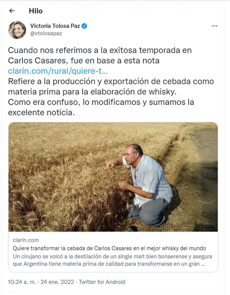 La explicación de Tolosa Paz sobre la confusión que se ocasionó acerca de un tuit que publicó este fin de semana