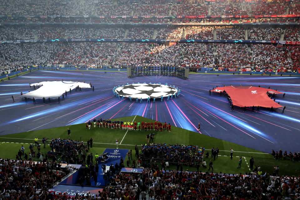 MADRID, SPAIN - JUNE 01: A general view (GV) of Wanda Metropolitano during the opening ceremony ahead of the UEFA Champions League Final between Tottenham Hotspur and Liverpool at Estadio Wanda Metropolitano on June 1, 2019 in Madrid, Spain. (Photo by Charlotte Wilson/Offside/Getty Images)