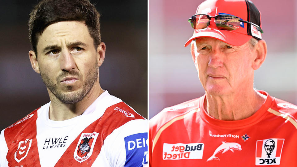 Pictured left to right, Dragons star Ben Hunt and Dolphins coach Wayne Bennett. 