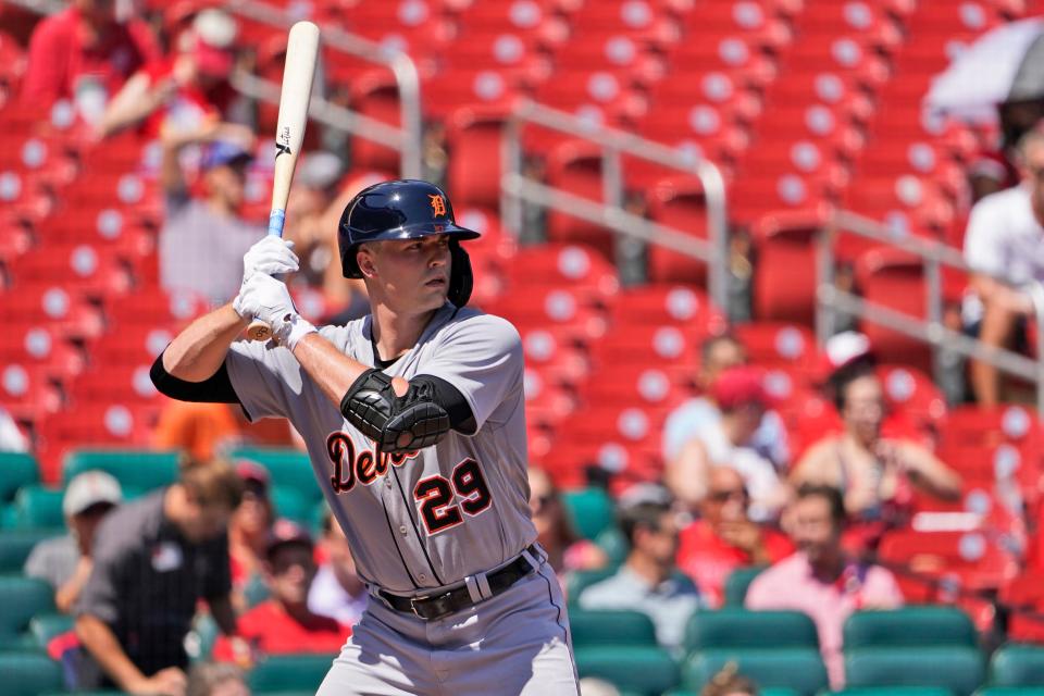 Tigers pitcher Tarik Skubal bats during the second inning on Wednesday, Aug. 25, 2021, in St. Louis.