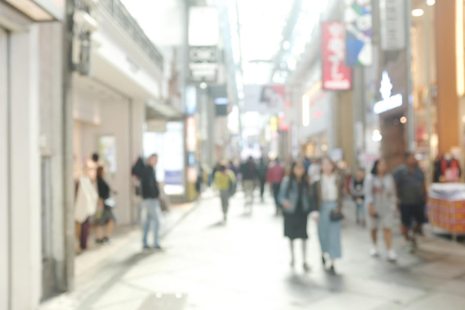 Blurred image of people in shopping street, Blur of osaka Shopping Street, Japanese trade and investment, Asia economy