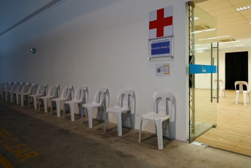 A view of a medical consultation center at Changi Exhibition Centre which has been repurposed into a community isolation facility that will house recovering or early COVID-19 patients with mild symptoms, in Singapore