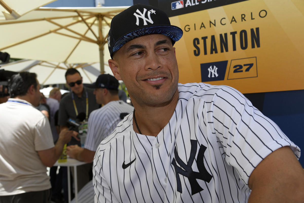 New York Yankees OF Giancarlo Stanton raking at plate while