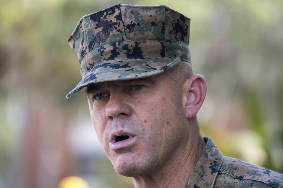 U.S. Marine Brig. Gen. Walker Field talks about training at the Marine Corps Recruit Depot, Wednesday, June 28, 2023, in Parris Island, S.C. (AP Photo/Stephen B. Morton)