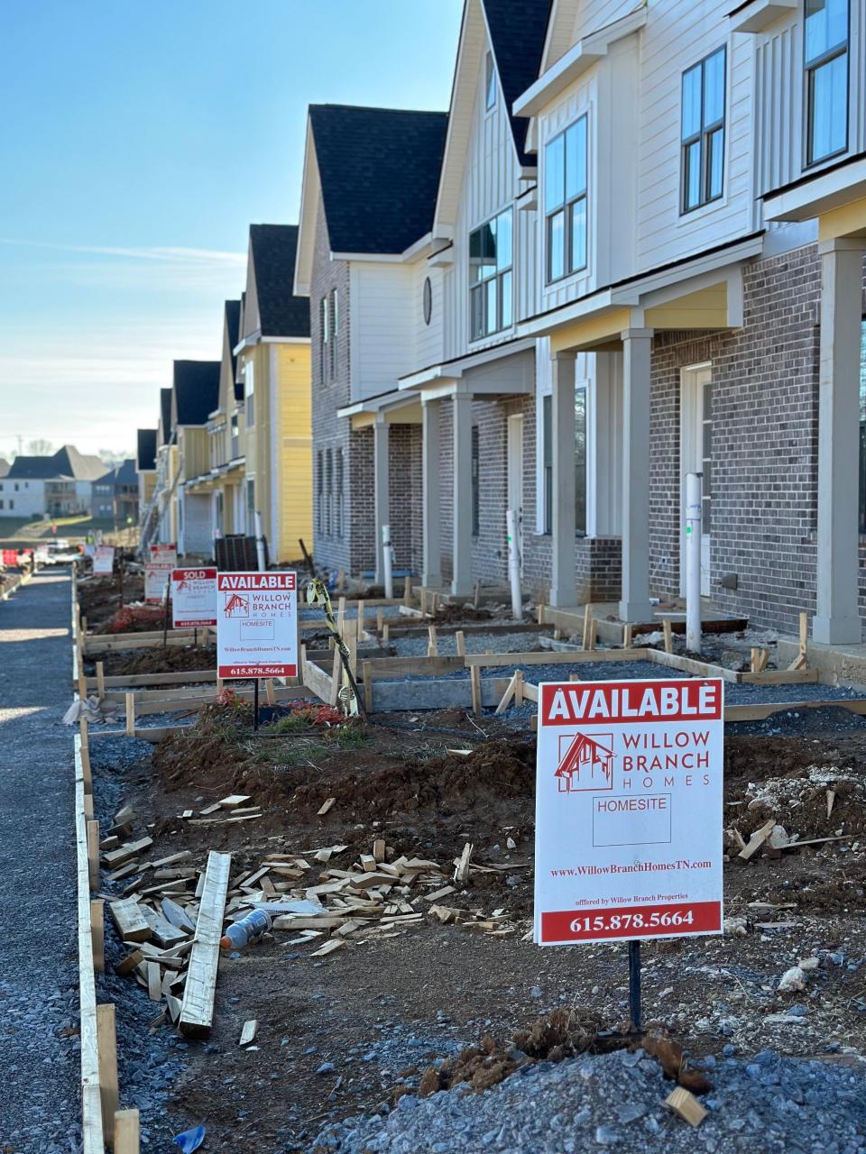 This row of new townhomes in the Canterbury neighborhood in Thompson's Station shows several available units. Just six months ago, inventory of single-family and townhome residences was scarce. Inventory looks to be a little more plentiful in 2023.
