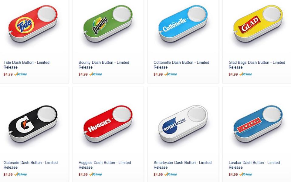 ▲Amazon提供Tide洗衣粉等18家廠商，其個別的Dash Button，讓消費者選購。