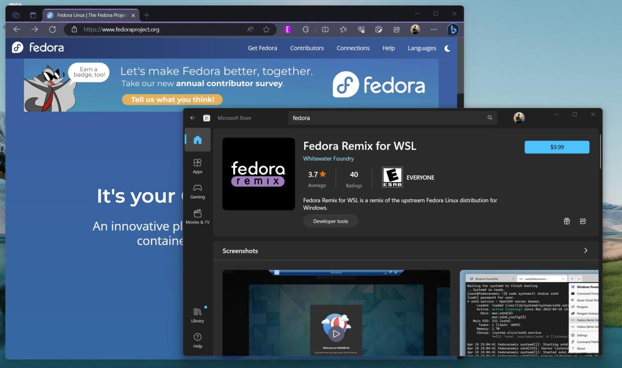  Fedora Remix for WSL and the Fedora Project website 