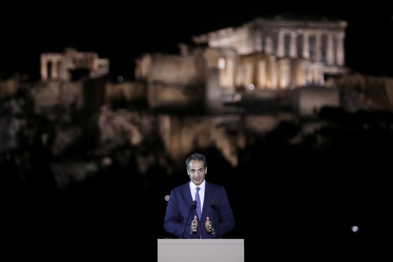 The ancient Acropolis hill is illuminated with new revamped, detailed lighting system, in Athens