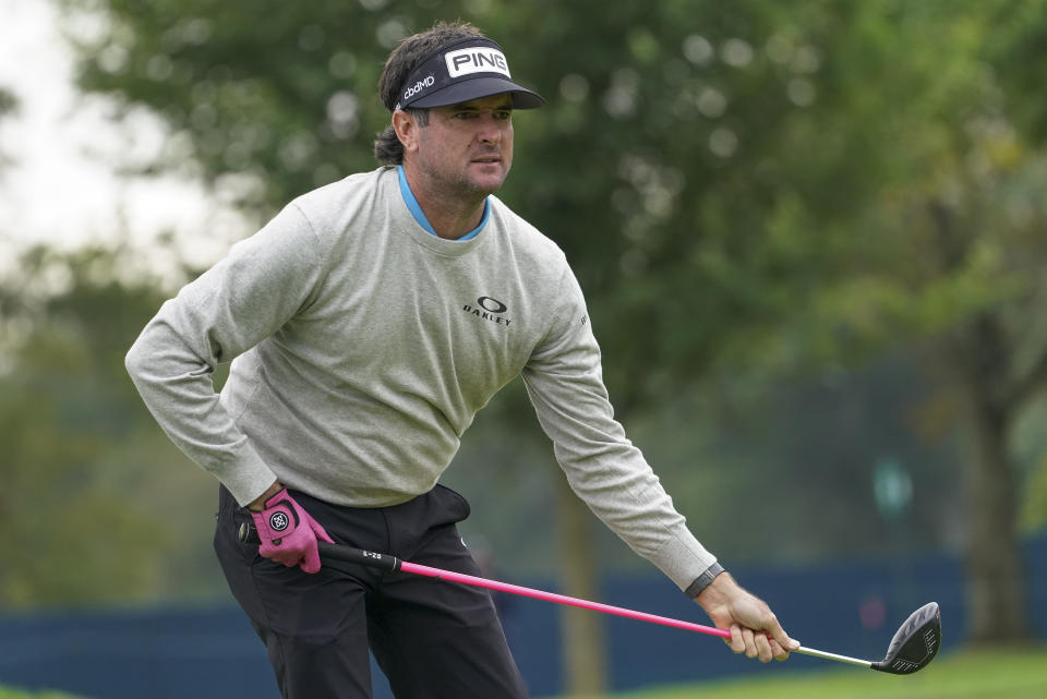 Bubba Watson, of the United States, reacts to his shot off the sixth tee during the second round of the US Open Golf Championship, Friday, Sept. 18, 2020, in Mamaroneck, N.Y. (AP Photo/John Minchillo)