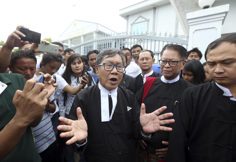 Khin Maung Zaw, lawyer for the rape suspect Aung Gyi, talks to journalists after the court appearance Monday, July 15, 2019, in Naypyitaw, Myanmar. A court in Myanmar has begun proceedings against a suspect in the rape of a 2-year-old girl at her nursery school that has generated huge public outcry. (AP Photo/Aung Shine Oo)