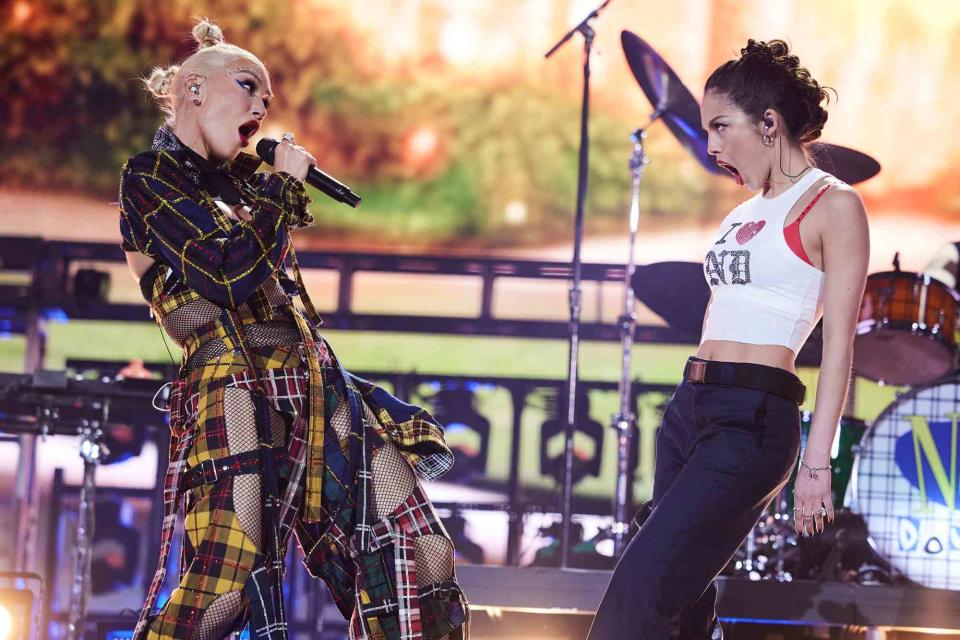 <p>John Shearer/Getty</p> Gwen Stefani of No Doubt and Olivia Rodrigo perform at Coachella 2024.