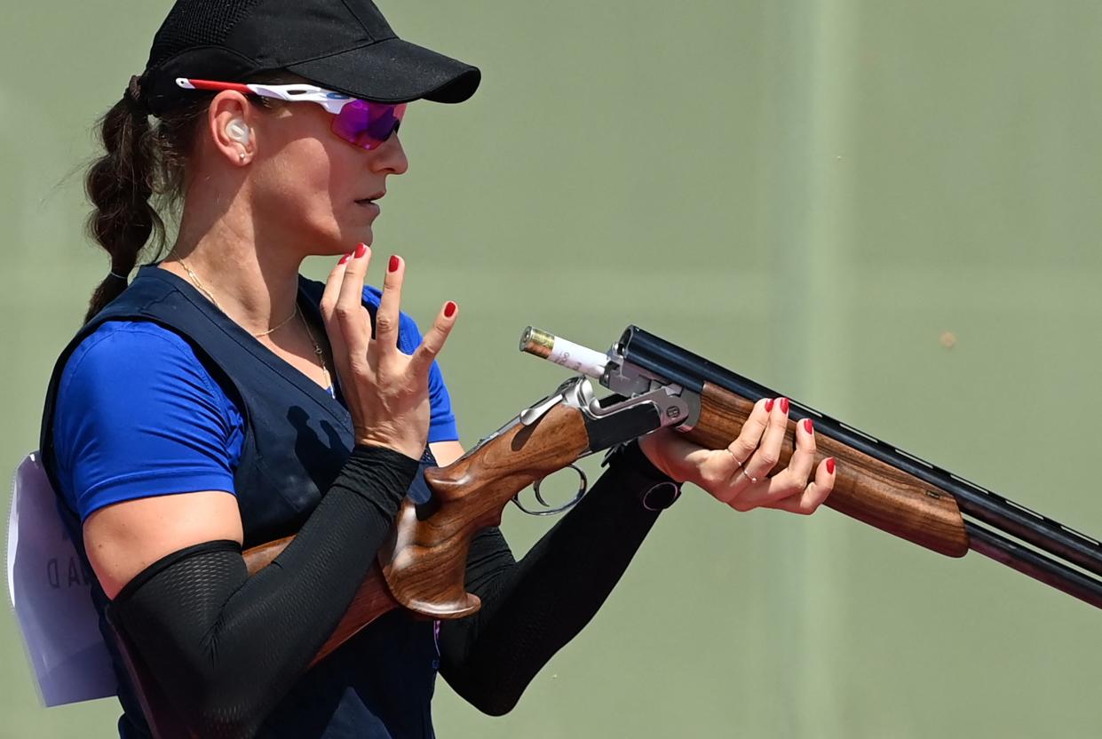 Slovakia's Danka Bartekova competes in the women's skeet qualification during the Tokyo 2020 Olympic Games at the Asaka Shooting Range in the Nerima district of Tokyo on July 25, 2021.