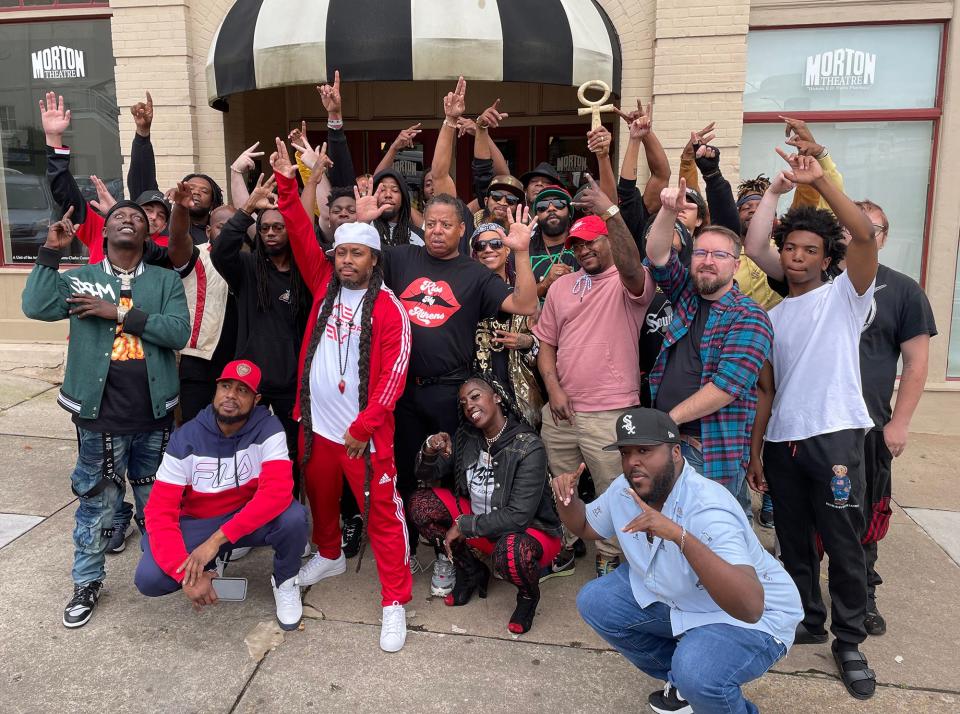 (L-R) Athens hip hop artists pose for a portrait at the historic Morton Theatre in downtown Athens, Ga. on Thursday, May 18, 2023. The date was officially proclaimed Athens Hip-Hop Culture Appreciation Day by Athens-Clarke County mayor Kelly Girtz.